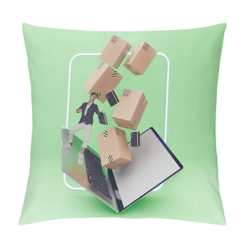 Personality  3D Illustration With A Laptop With A Person Flying On A Laptop Along With A Flying Box Package.package Courier Package Pillow Covers