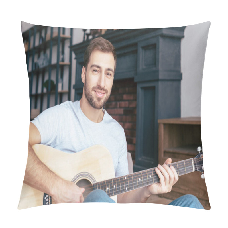 Personality  Smiling Bearded Man Playing Acoustic Guitar In Living Room Pillow Covers