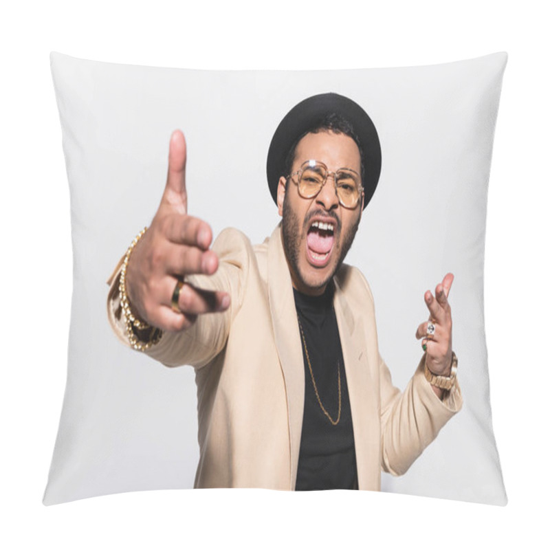 Personality  Emotional Indian Hip Hop Performer In Fedora Hat And Eyeglasses Screaming While Gesturing Isolated On Grey Pillow Covers