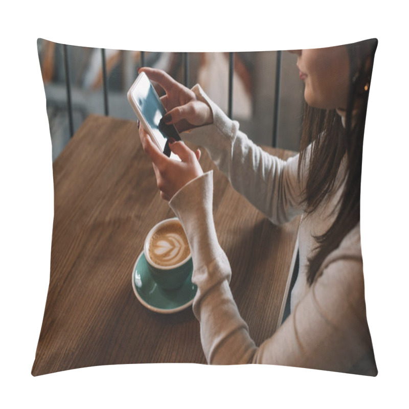 Personality  Cropped View Of Young Woman Sitting At Wooden Table With Cappuccino Using Smartphone On Balcony In Coffee Shop Pillow Covers