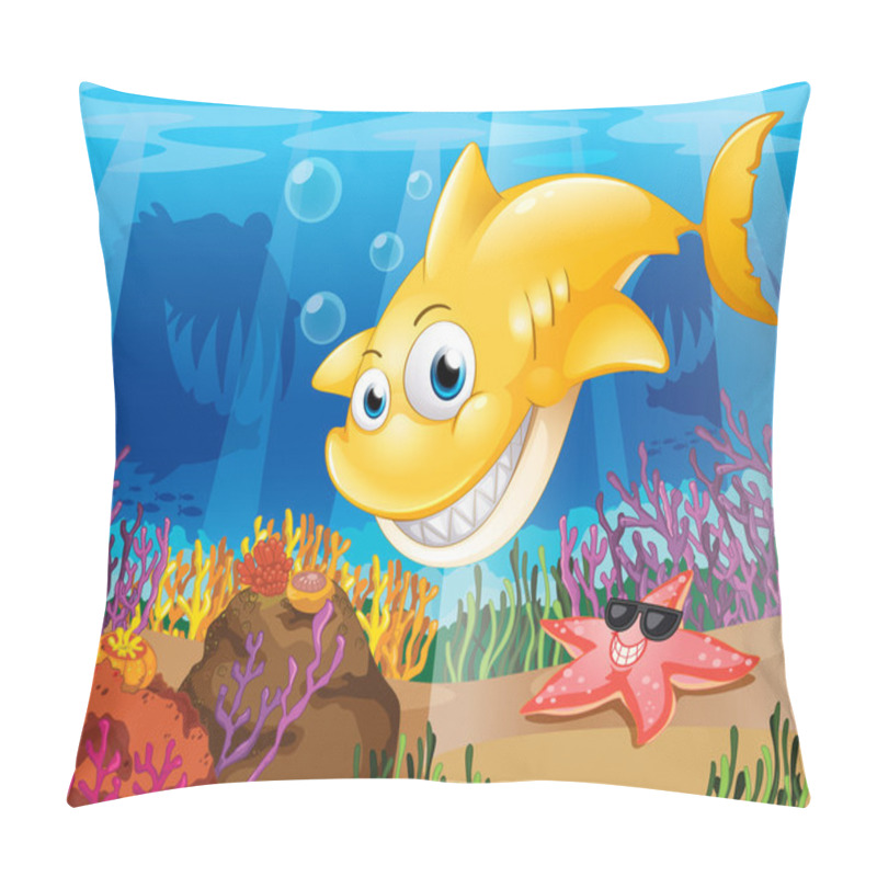 Personality  A Yellow Shark Under The Sea With Starfish And Corals Pillow Covers