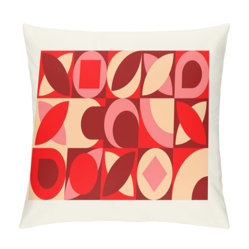 Personality  Romantic Vector Abstract Geometric Background With Hearts, Circles, Rectangles And Squares In Retro Scandinavian Style. Red Colored Simple Shapes Graphic Pattern. Abstract Mosaic Artwork. Pillow Covers