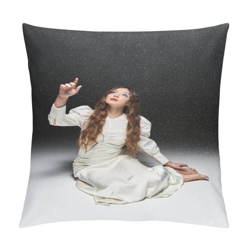 Personality  The Young Woman Adorns A Flowing White Dress While Looking Up In Wonder, Surrounded By Sparkles. Pillow Covers