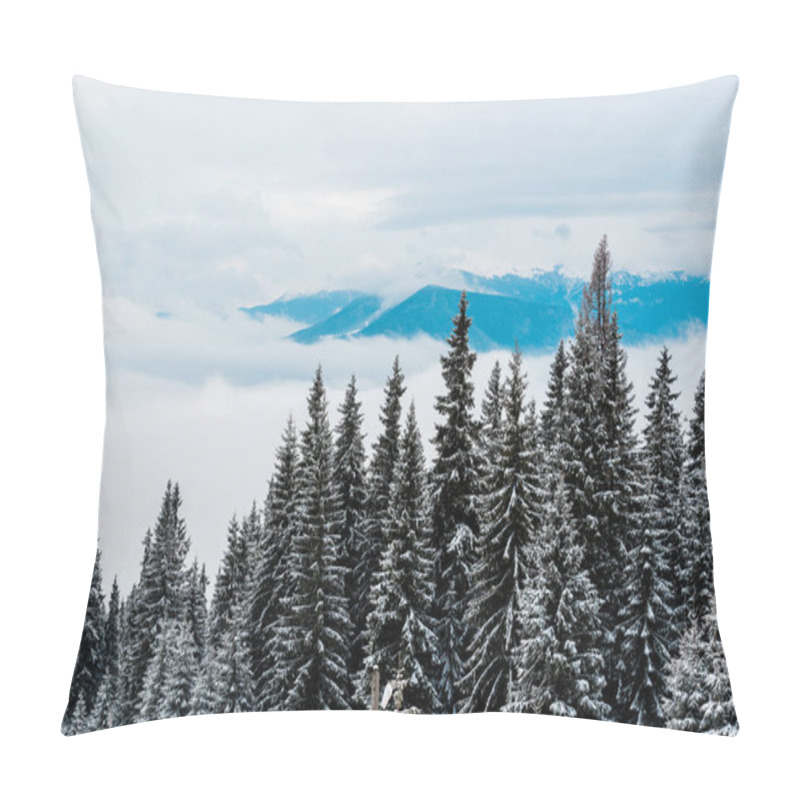 Personality  Scenic View Of Forest With Pine Trees In Winter Mountains And White Fluffy Clouds Pillow Covers