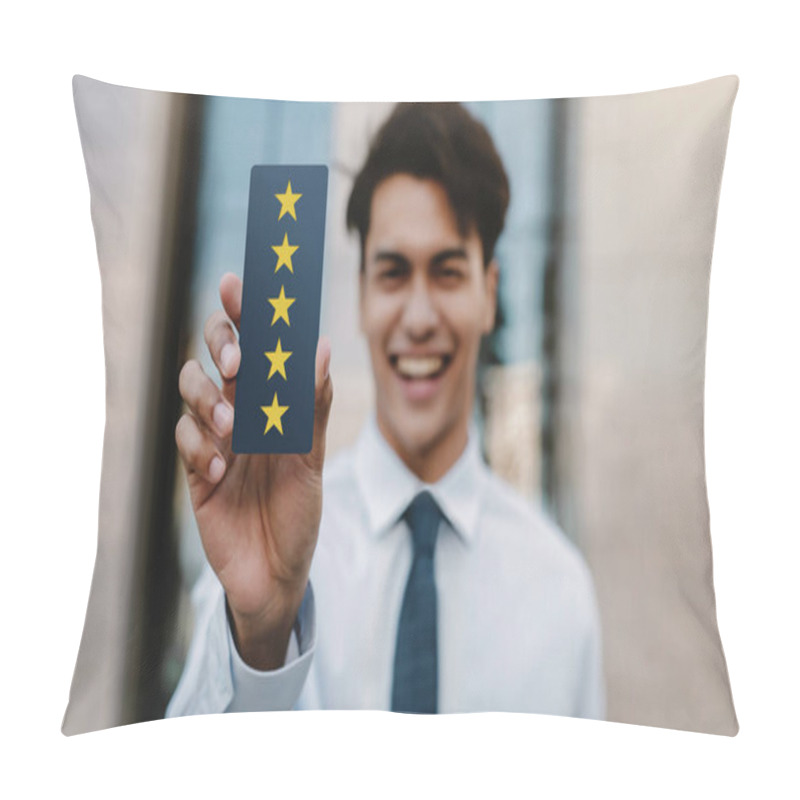 Personality  Customer Experiences Concept. Happy Young Businessman Giving Fiv Pillow Covers