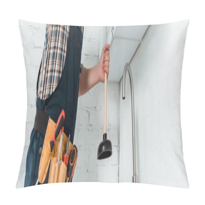 Personality  Panoramic Shot Of Installer Holding Plunger Near Faucet In Kitchen  Pillow Covers