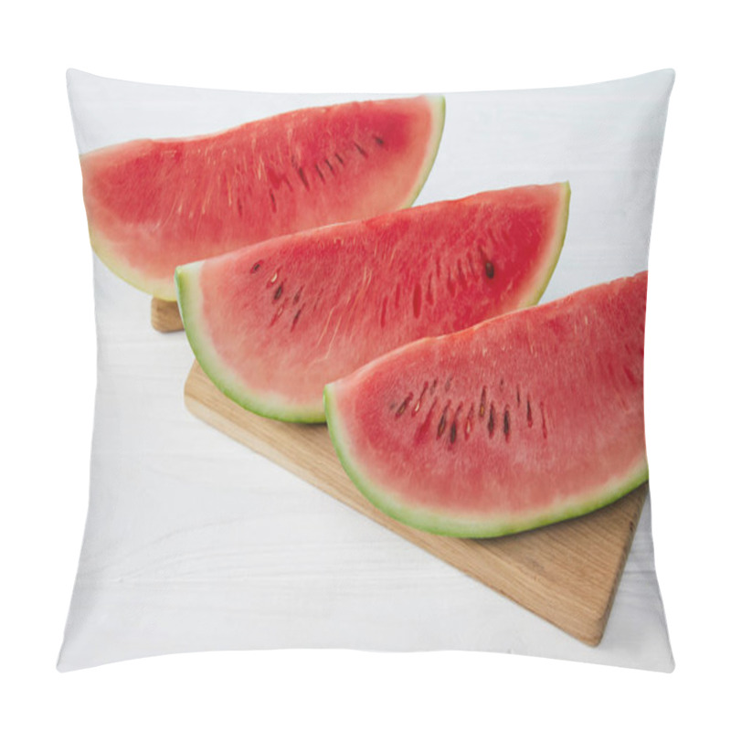 Personality  Close Up View Of Arranged Watermelon Pieces On Cutting Board On White Wooden Tabletop Pillow Covers