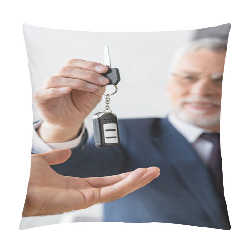 Personality  Selective Focus Of Car Dealer In Glasses Giving Car Key To Man In Office  Pillow Covers