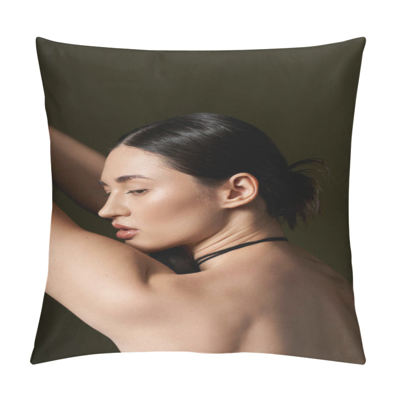 Personality  A Young Woman With Dark Brown Hair Poses Against A Black Backdrop Pillow Covers