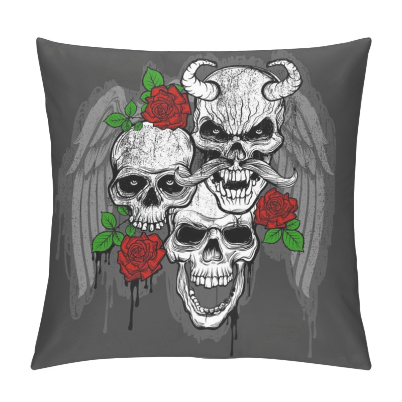 Personality  Skulls With Roses And Wings Typography, T-shirt Graphic Pillow Covers