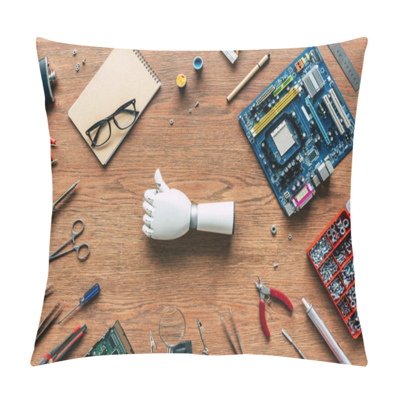 Personality  Top View Of Prosthetic Arm Doing Thumb Up Gesturing On Table With Tools Pillow Covers