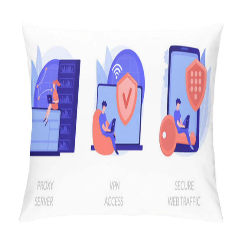 Personality  Secure Network Connection And Privacy Protection. Internet Service Provider. Intranet Access. Proxy Server, VPN Access, Secure Web Traffic Metaphors. Vector Isolated Concept Metaphor Illustrations. Pillow Covers