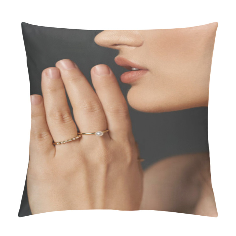 Personality  A Womans Hand With Delicate Gold Rings Featuring A Pearl, Shown Against A Dark Background. Pillow Covers