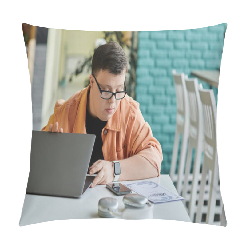 Personality  A Man With Down Syndrome Works On His Laptop In A Cafe, Showcasing The Possibilities Of Remote Work And Inclusivity In The Modern World. Pillow Covers