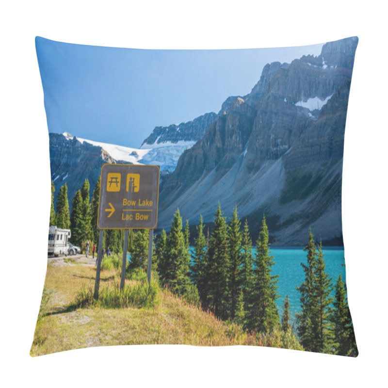 Personality  Banff, Canada - SEP 09 2020 : Bow Lake Lakeshore In Summer Sunny Day. Bow Glacier, Banff National Park, Canadian Rockies. Pillow Covers