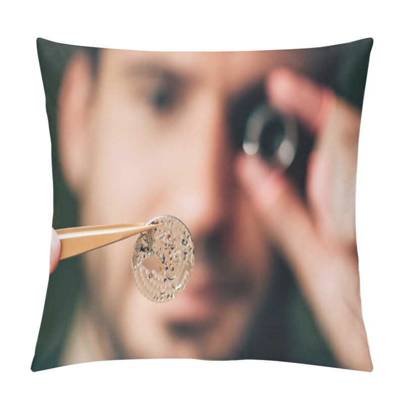 Personality  Selective Focus Of Clockmaker Holding Watch Part In Tweezers  Pillow Covers