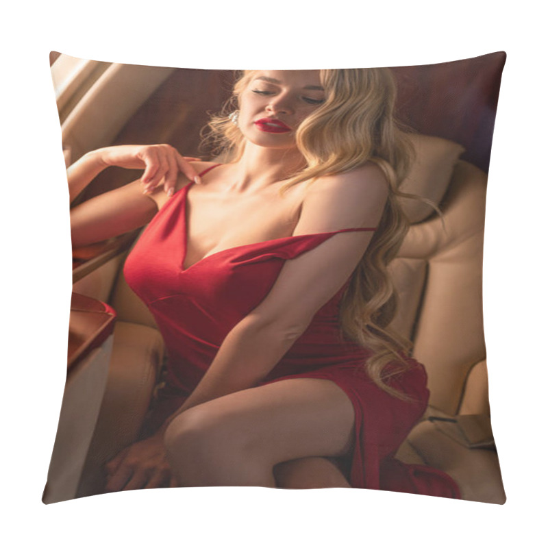 Personality  Beautiful Sexy Woman In Red Dress Sitting In Plane Pillow Covers