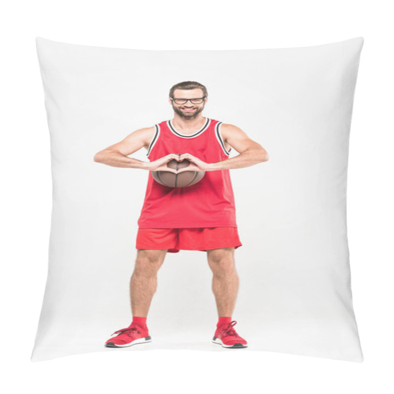 Personality  Smiling Basketball Player With Ball Showing Heart Symbol, Isolated On White Pillow Covers