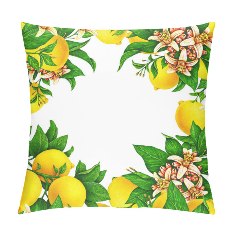 Personality  Seamless Template For A Festive Wedding Card. Fruit Motives For Design Handwork. Yellow Lemons With Flowers And Leaf In The Form Of A Square Frame Pillow Covers