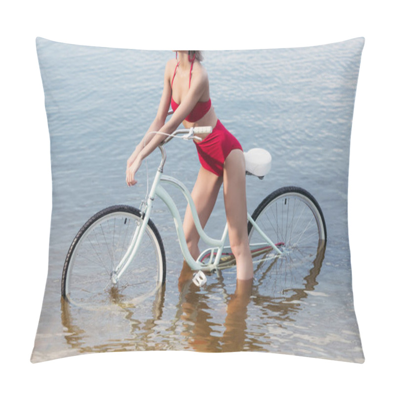 Personality  Cropped View Of Slim Girl In Red Trendy Bikini Posing With Bicycle In Water Pillow Covers