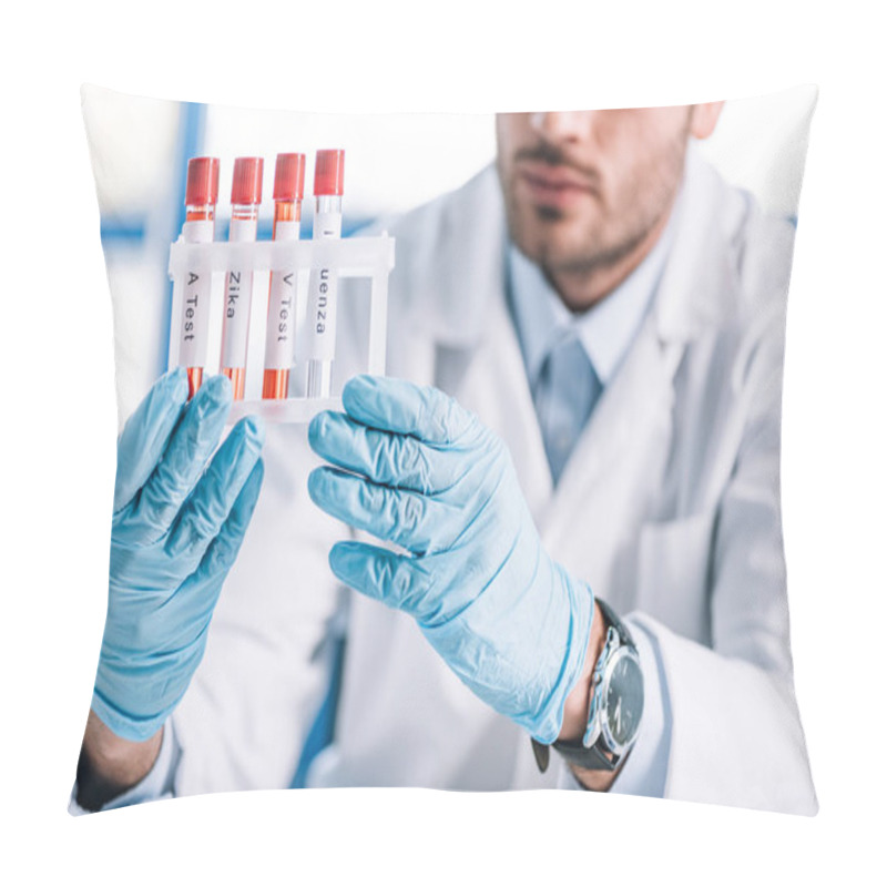 Personality  Cropped View Of Bearded Immunologist Holding Test Tubes With Letters  Pillow Covers