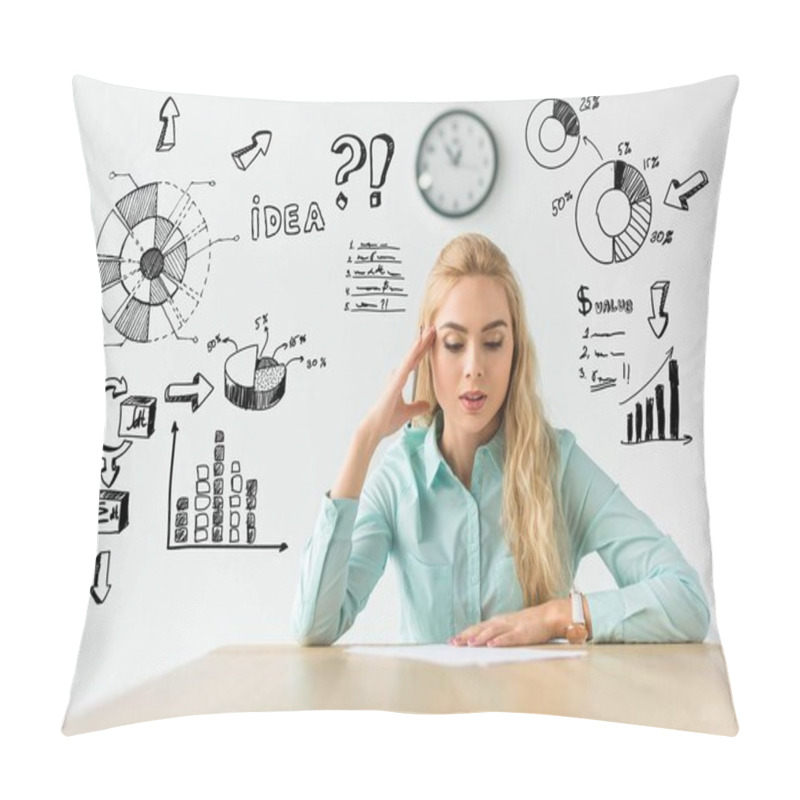 Personality  Businesswoman Sitting At Table And Looking At Documents With Business Icons Around Pillow Covers