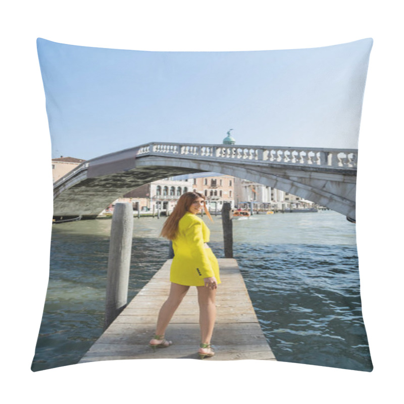 Personality  Full Length Of Woman In Yellow Suit On Pier Near Bridge Over Grand Canal In Venice Pillow Covers