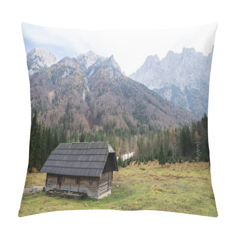 Personality  Drone Aerial Of Wooden Mountain Hut Overlooking Autumn Valley In The Julian Alps, Slovenia. Holiday Wooden House Pillow Covers