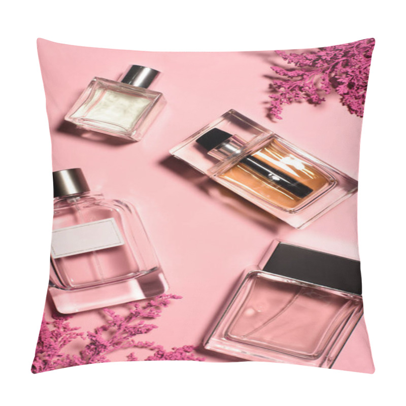 Personality  Top View Of Bottles Of Perfumes With Pink Flowers Pillow Covers