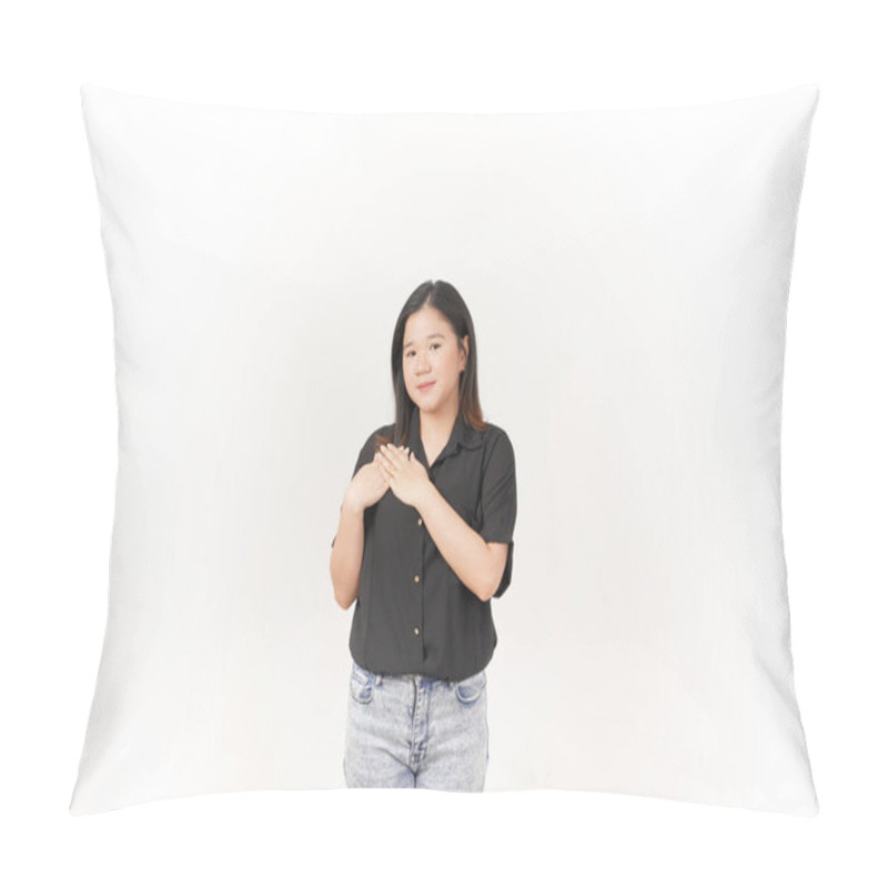 Personality  Beautiful Asian Woman Places Her Hand Gently On Her Chest, Expressing Sincerity Or Gratitude, Against A White Background Pillow Covers