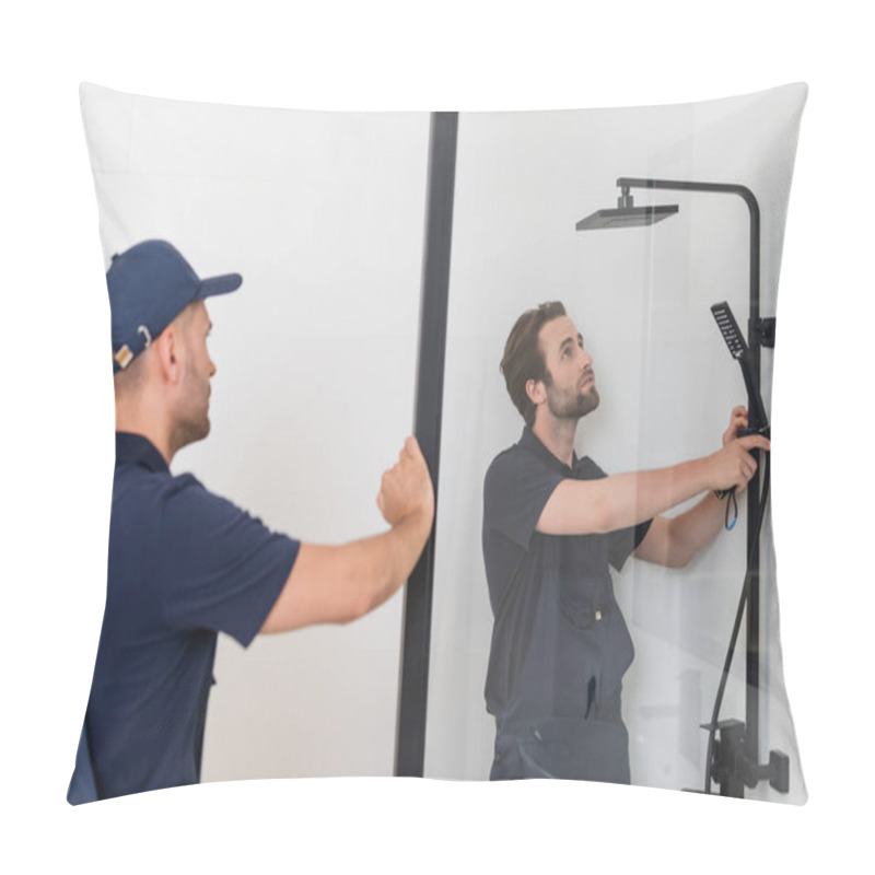 Personality  Blurred Foreman Looking At Colleague Checking Shower In Bathroom Pillow Covers