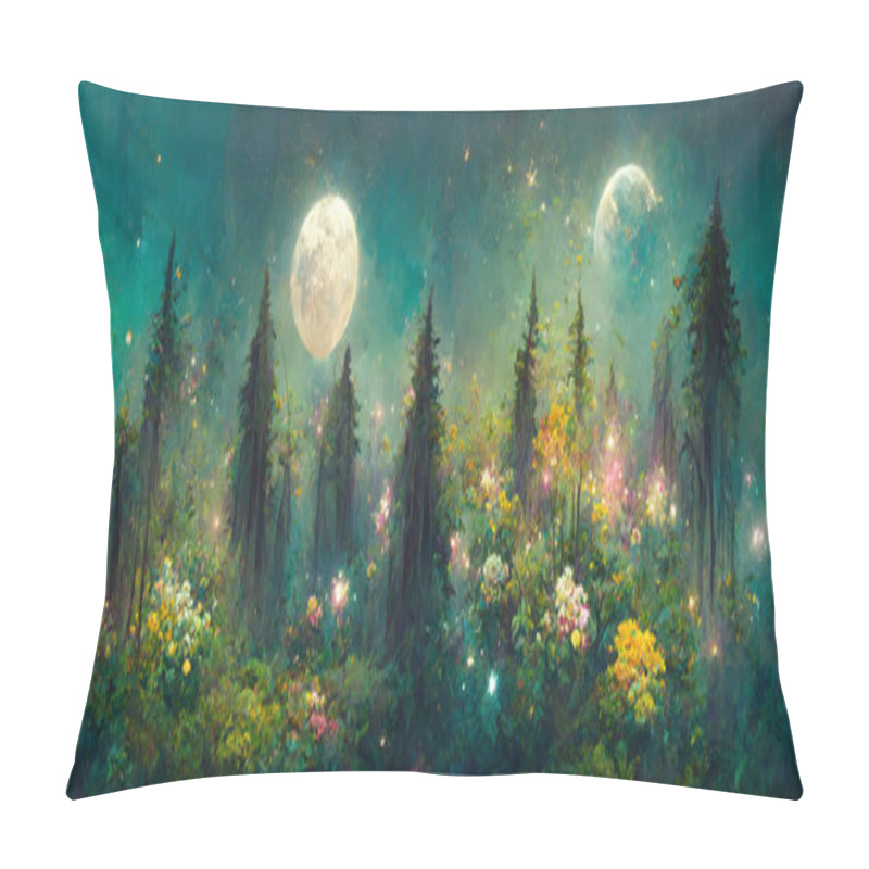 Personality  Night Landscape Environment Harvest Moon Over A Glittering Lake Lush Vegetation Birchwood Trees, Flowers, Magical Galaxy. 3d Drawing Digital Art Pillow Covers