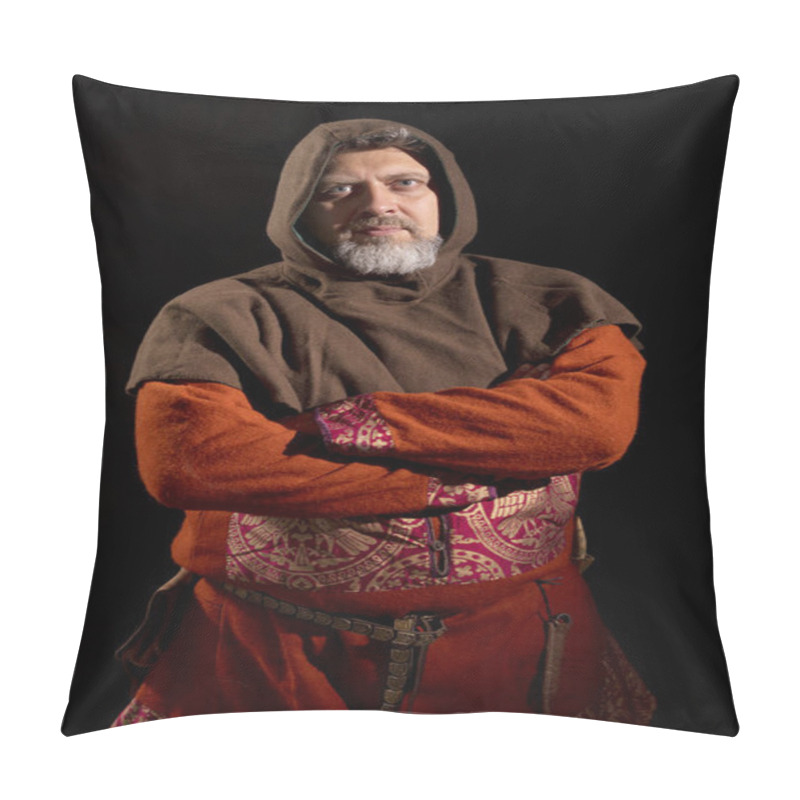 Personality  Mature Bearded Man In Traditional Medieval Historic Clothes Studio Portrait. Pillow Covers