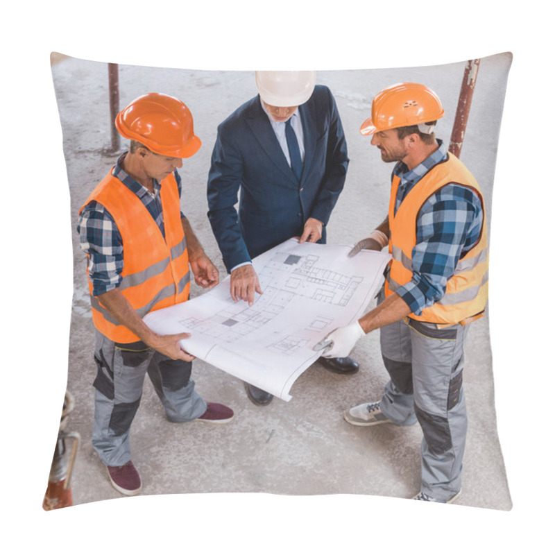 Personality  Overhead View Of Builders And Businessman Holding Blueprint  Pillow Covers