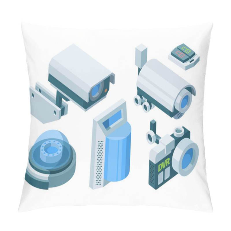 Personality  Security Camera Smart Isometric Set. Electronic Modern Security Home Office Switch Lock Street Dome Cameras Ptz, Automated Surveillance Smart Protection Technology. Vector Isometric. Pillow Covers