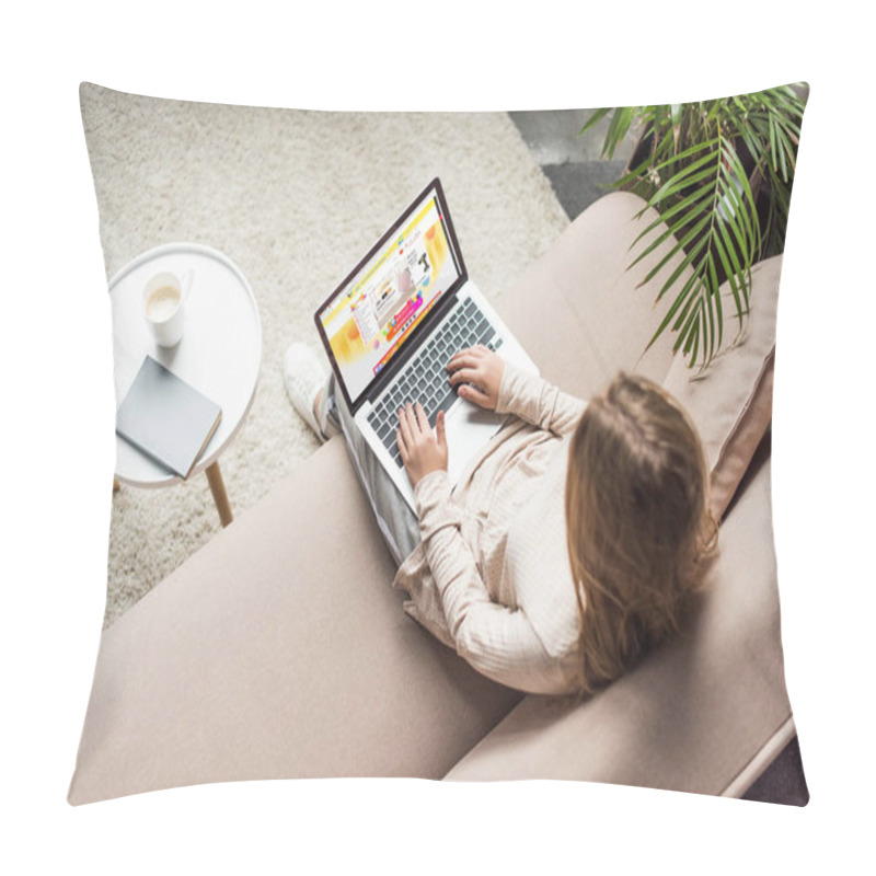 Personality  High Angle View Of Woman At Home Sitting On Couch And Using Laptop With Aliexpress Website On Screen Pillow Covers