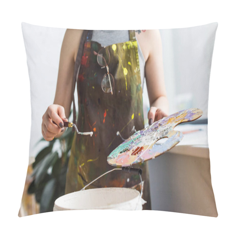 Personality  Close-up View Of Young Inspired Girl Working With Painting Knife And Palette In Light Studio Pillow Covers