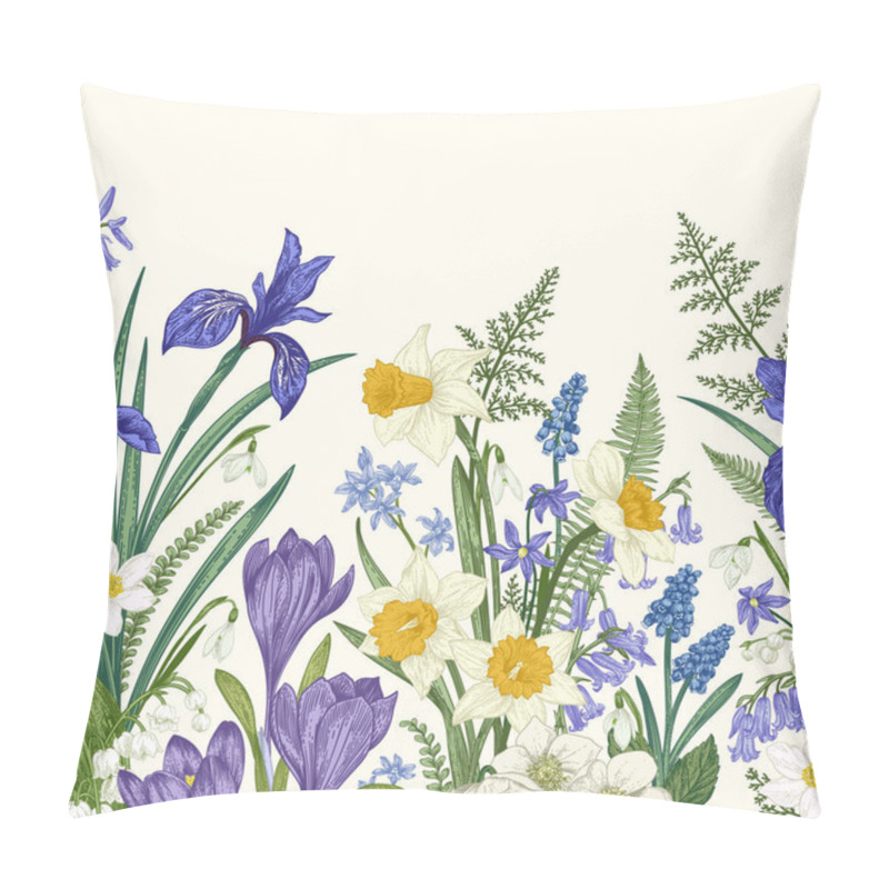 Personality  Seamless Border With Spring Flowers. Iris, Crocus, Narcissus, Snowdrop, Lily Of The Valley. Botanical Illustration. Colorful. Pillow Covers