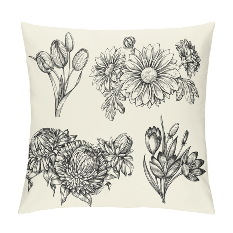 Personality  Flowers. Hand Drawn Sketch Flower, Tulip, Astra, Aster, Crocus, Chrysanthemum. Vector Illustration Pillow Covers