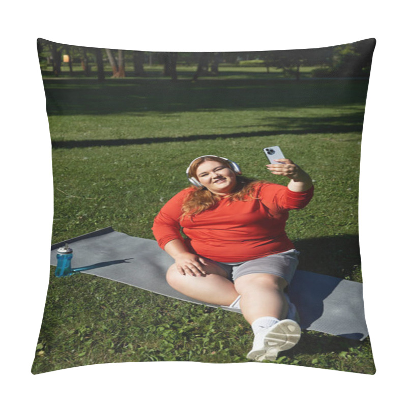 Personality  A Joyful Woman Exercises Outdoors, Capturing Her Fitness Journey. Pillow Covers