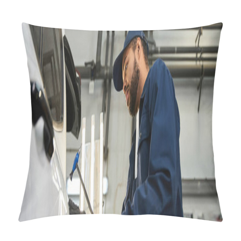 Personality  Dedicated Mechanic Focusing On Precision While Performing Repairs In A Busy Auto Shop. Pillow Covers