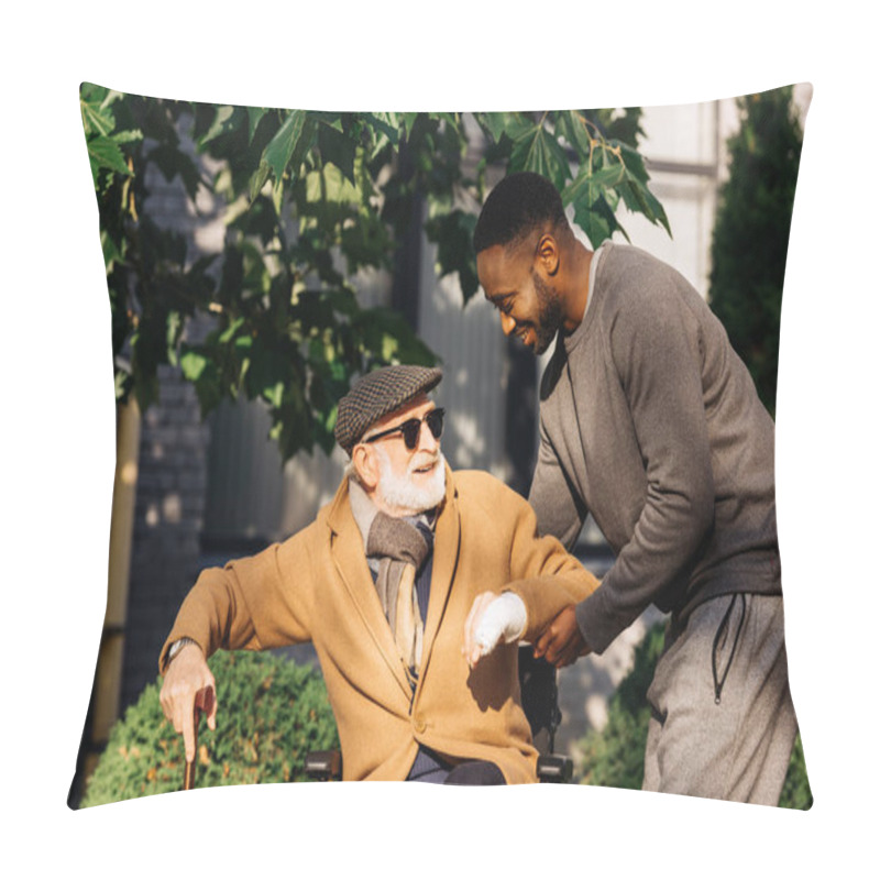 Personality  Happy African American Man Helping Senior Disabled Man To Get Up From Wheelchair On Street Pillow Covers