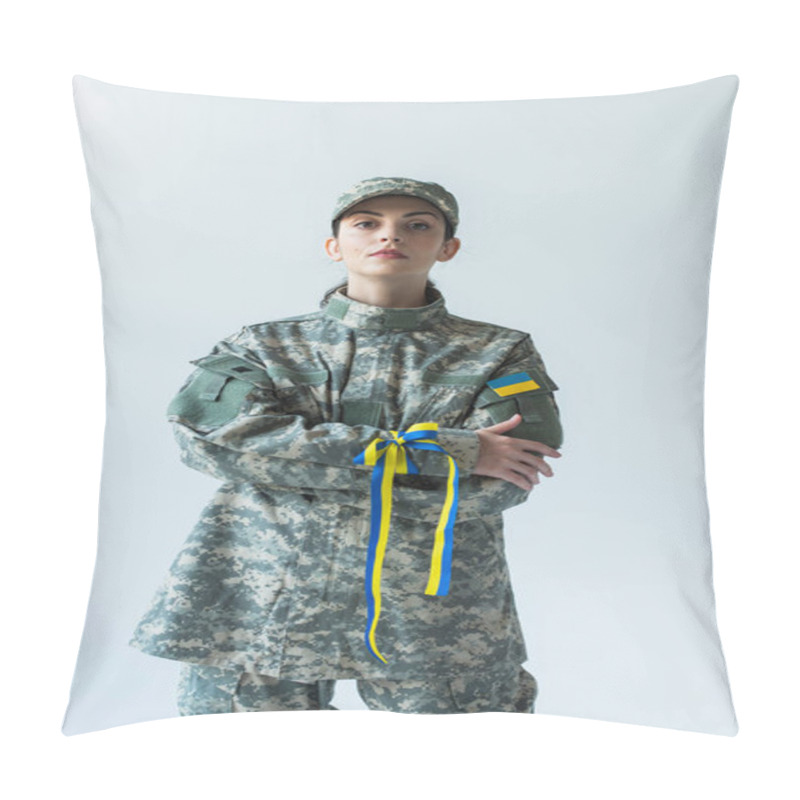 Personality  Soldier In Uniform With Ukrainian Flag And Blue And Yellow Ribbon Crossing Arms Isolated On Grey  Pillow Covers