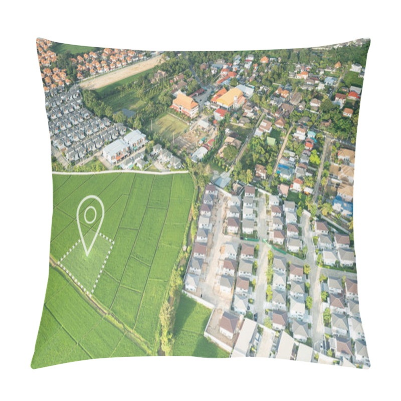 Personality  Land Plot In Aerial View. Gps Registration Survey Of Property, Real Estate For Map With Location, Area. Concept For Residential Construction And Development. Also Home, House For Sale, Buy, Purchase. Pillow Covers