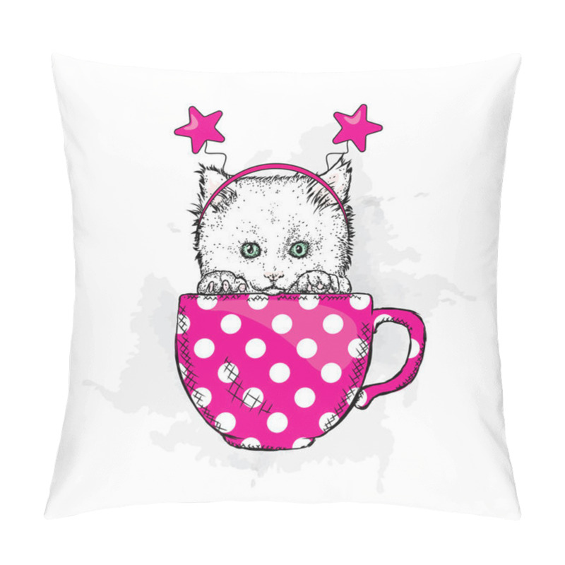 Personality  A Cute Kitten In A Cup With A Festive Rim On His Head. Vector Illustration For A Postcard Or A Poster. Pillow Covers