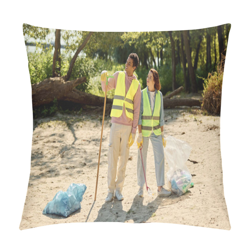 Personality  A Man And A Woman, A Diverse And Loving Couple, Walk Along The Sandy Beach With Cleaning Tools. Pillow Covers