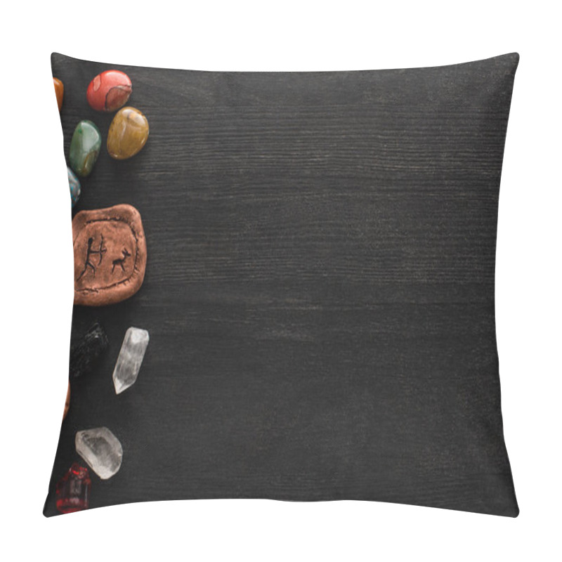 Personality  Top View Of Fortune Telling Stones, Clay Amulets And Crystals On Black Wooden Background  Pillow Covers