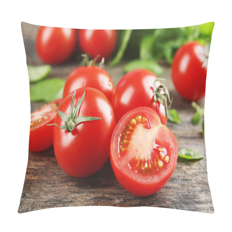 Personality  Cherry Tomatoes With Basil On Wooden Table Close Up Pillow Covers