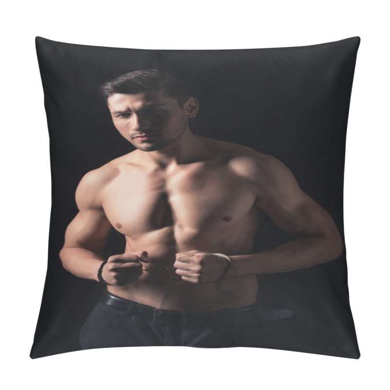 Personality  Handsome Shirtless Man In Handcuffs Looking At Camera Isolated On Black Pillow Covers