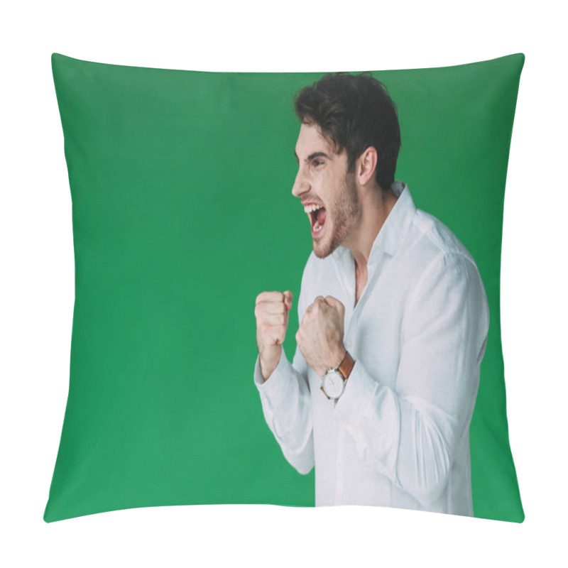 Personality  Angry Man In White Shirt Holding Fists Up And Screaming Isolated On Green Pillow Covers